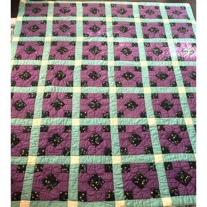 Antique Hand Stitched Square Patchwork Lattice Quilt Cream Backing 64W X 74L Rck